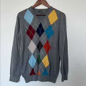 Old Navy Argyle V-Neck Sweater Gray Multicolor Men’s Size Large 100% Cotton